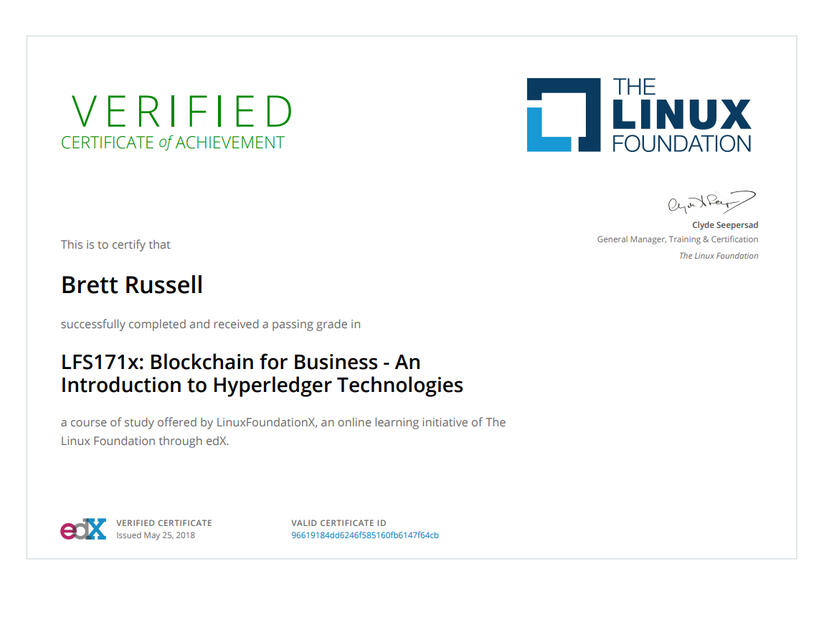 Blockchain for Business - Certificate of Achievement